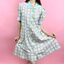 Load image into Gallery viewer, 1930s Baby Blue Folk Printed Cotton Dress With Puff Sleeves &amp; Sailor Collar
