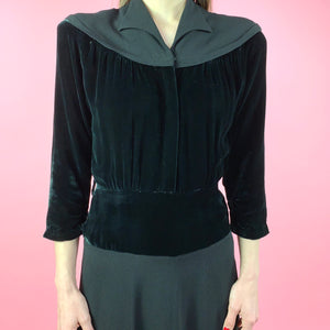 Late 1930s/ Early 40s Rayon Crepe Dress w/ Velvet Blocking