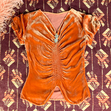 Load image into Gallery viewer, 1930s Tangerine Silk Velvet Blouse With Rhinestones
