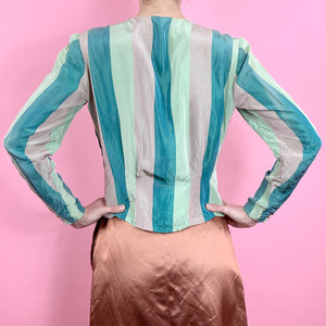 1940s Chevron Rayon Taffeta Blouse With Pussy Bow