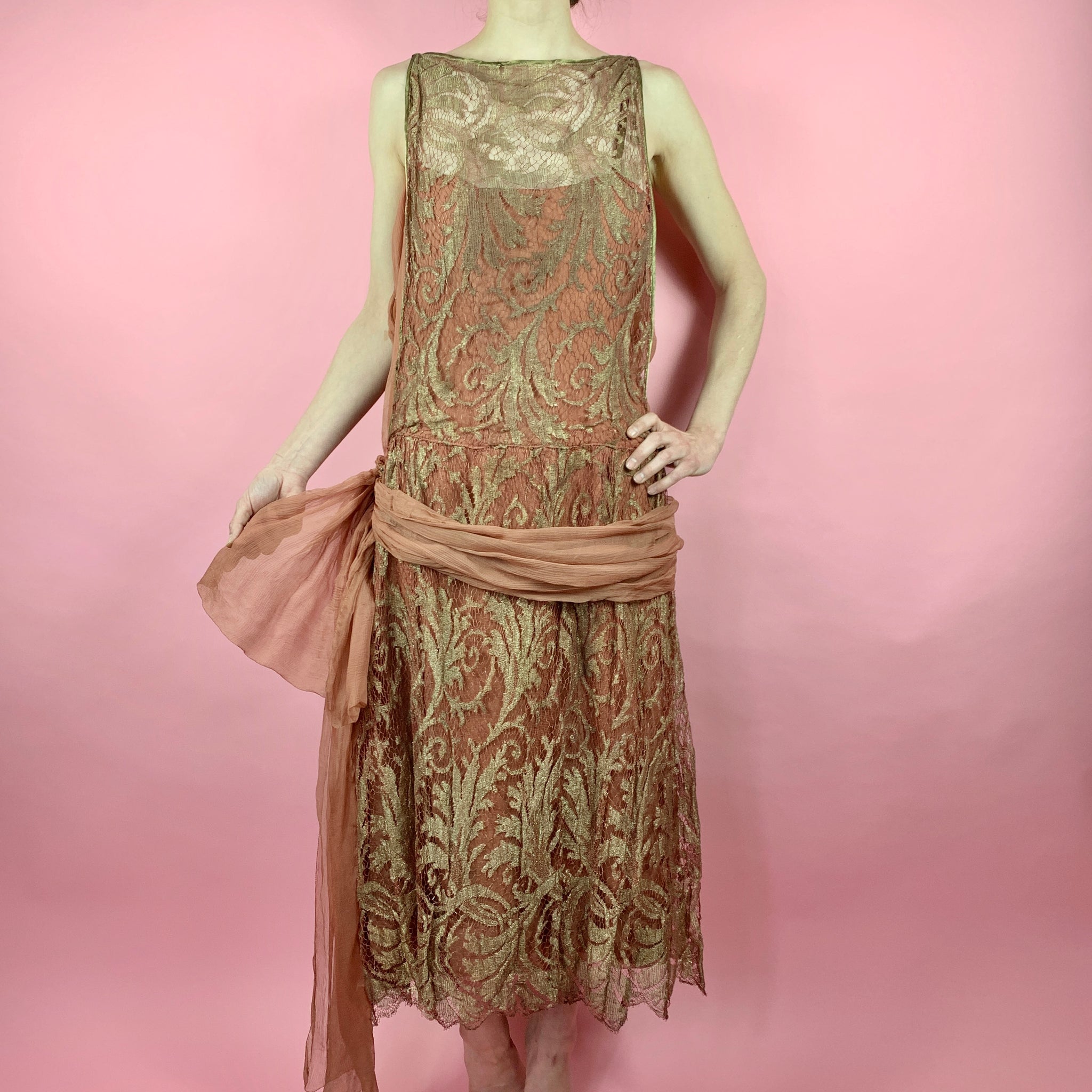 1920s Rose Gold Silk Chiffon Dress With Metallic Lace Moonbaby Vintage 1920s Rose Gold Silk Chiffon Dress With Metallic Lace Moonbaby Vintage
