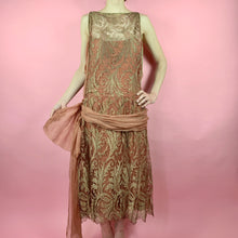 Load image into Gallery viewer, 1920s Rose Gold Silk Chiffon Dress With Metallic Lace
