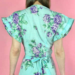 Mint Green 1940s Seersucker Hostess Gown w/ Purple Roses