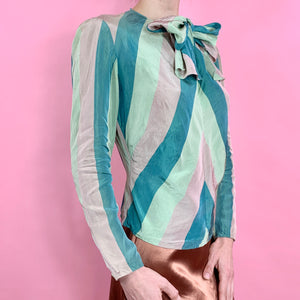 1940s Chevron Rayon Taffeta Blouse With Pussy Bow