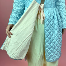 Load image into Gallery viewer, 1940s Baby Blue Quilted Satin Robe w/ Oversized Button
