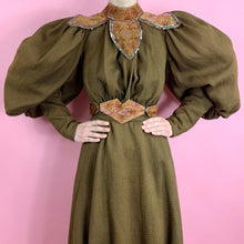 Load image into Gallery viewer, 1890s Leg O Mutton Dress With Printed Beaded Velvet Trim
