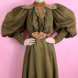 1890s Leg O Mutton Dress With Printed Beaded Velvet Trim