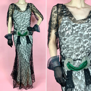 1930s Webby Silk Lace Gown With Green Velvet & Rhinestone Sash