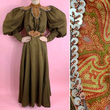 Load image into Gallery viewer, 1890s Leg O Mutton Dress With Printed Beaded Velvet Trim
