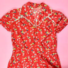 Load image into Gallery viewer, 1930s Red Cotton Print Dress W/ Lace &amp; Gem Buttons
