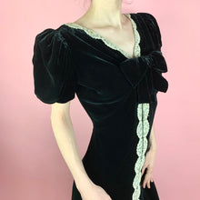 Load image into Gallery viewer, 1930s Black Silk Velvet FOGA Labeled Gown With Huge Puff Sleeves, Lace, &amp; Deep Plunging Back
