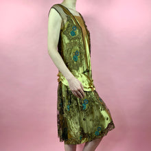 Load image into Gallery viewer, 1920s Egyptian Revival Gold Silk Satin Dress With Metallic Trim &amp; Embroidery
