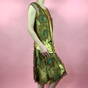 1920s Egyptian Revival Gold Silk Satin Dress With Metallic Trim & Embroidery