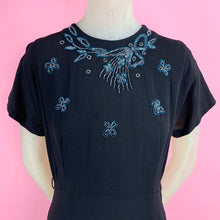 Load image into Gallery viewer, 1940s Black Rayon Crepe Dress With Beaded Neckline
