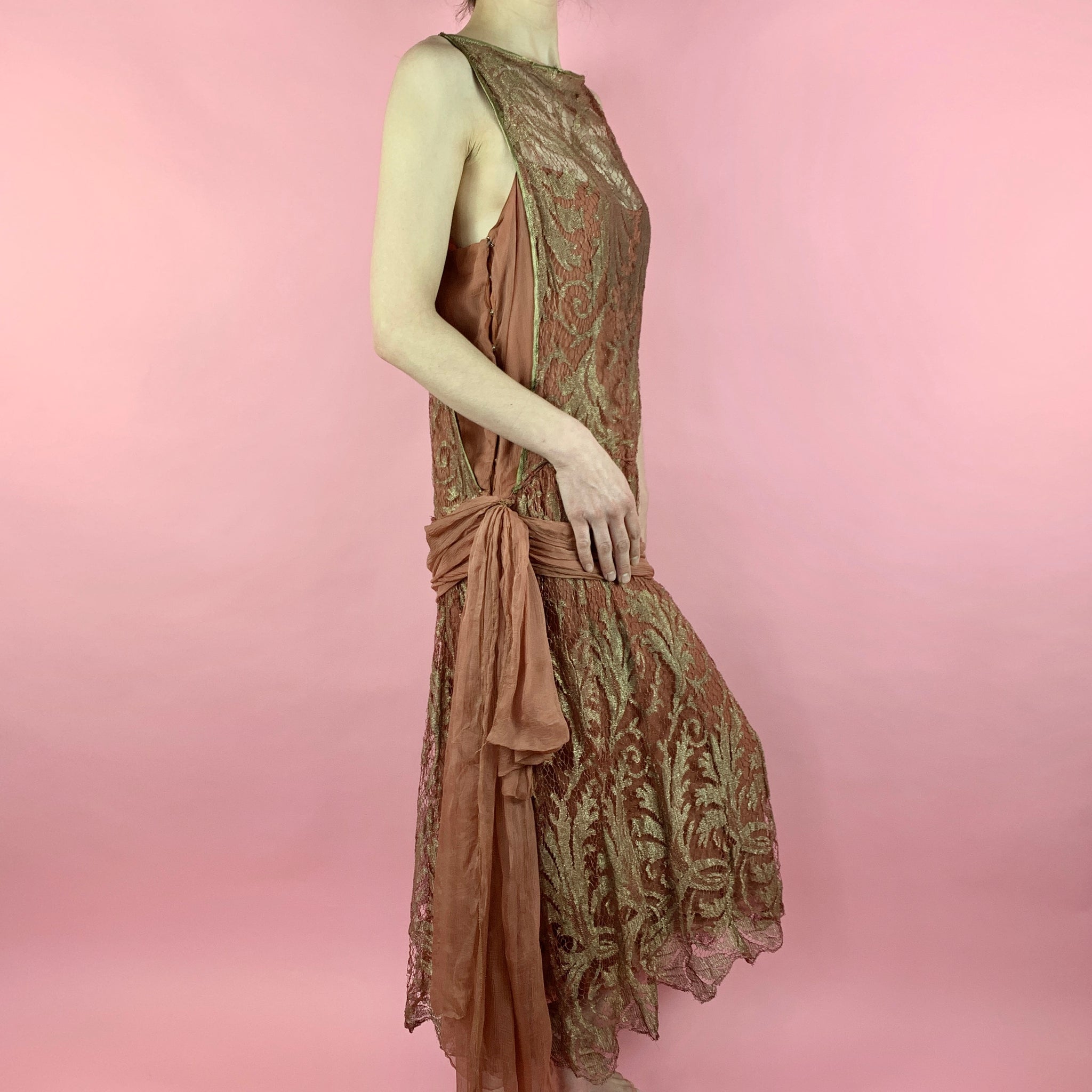 1920s Rose Gold Silk Chiffon Dress With Metallic Lace Moonbaby Vintage 1920s Rose Gold Silk Chiffon Dress With Metallic Lace Moonbaby Vintage
