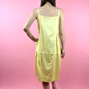 1920s Daffodil Yellow Cotton Sateen Slip Dress W/ Nouveau Embroidery