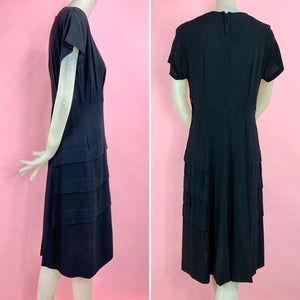 1940s Black Rayon Crepe Dress With Beaded Neckline