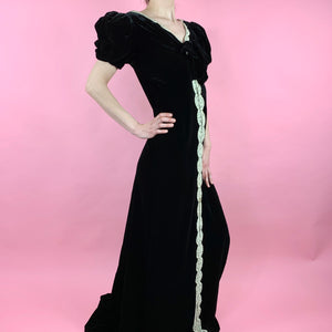 1930s Black Silk Velvet FOGA Labeled Gown With Huge Puff Sleeves, Lace, & Deep Plunging Back