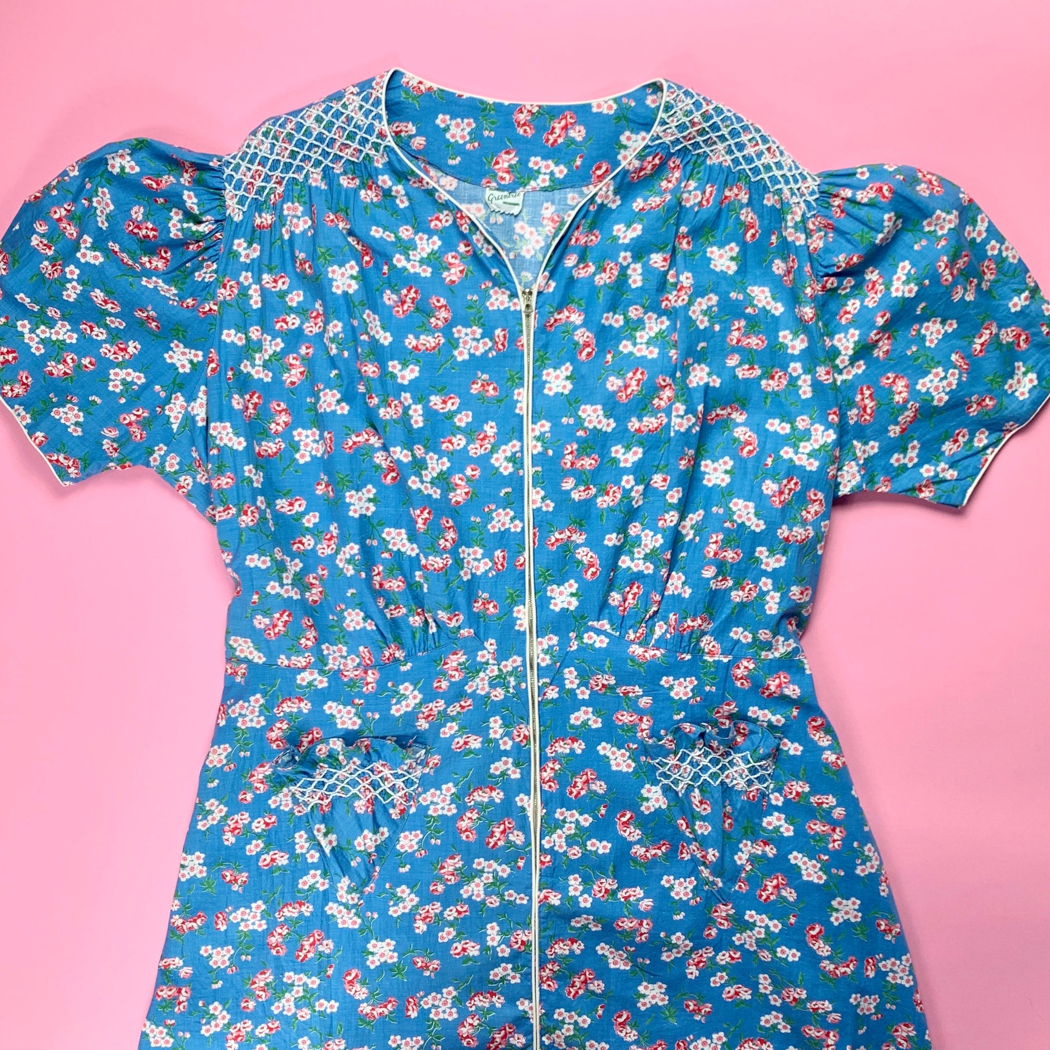 1930s Cotton Print Dress W/ Smocking & Front Zipper 1930s Cotton Print Dress W/ Smocking & Front Zipper