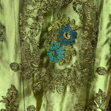 Load image into Gallery viewer, 1920s Egyptian Revival Gold Silk Satin Dress With Metallic Trim &amp; Embroidery
