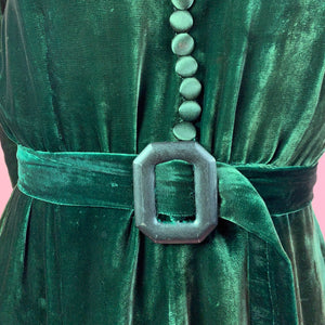 1930s Emerald Green Silk Velvet Dress w/ Button Trim