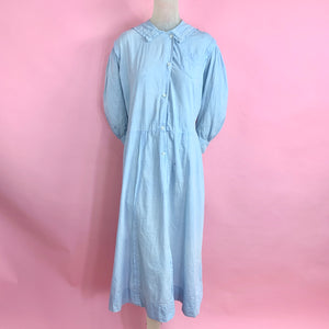 1910s Blue Chambray Workwear Chore Dress W/ Sailor Collar