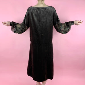 1920s Silk Velvet Bohemian Dress With Beaded & Embroidered Balloon Sleeves