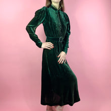 Load image into Gallery viewer, 1930s Emerald Green Silk Velvet Dress w/ Button Trim
