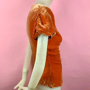 1930s Tangerine Silk Velvet Blouse With Rhinestones