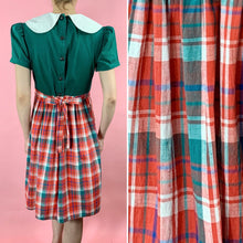 Load image into Gallery viewer, Early 1940s Forest Green Madras Dress With Puff Sleeves And Oversized Collar
