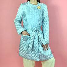 Load image into Gallery viewer, 1940s Baby Blue Quilted Satin Robe w/ Oversized Button
