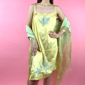 1920s Daffodil Yellow Cotton Sateen Slip Dress W/ Nouveau Embroidery