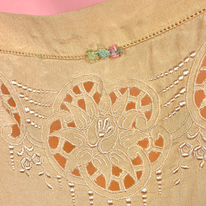 1920s Peach Silk Step-In w/ Scalloped Hem & Openwork Embroidery
