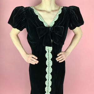 1930s Black Silk Velvet FOGA Labeled Gown With Huge Puff Sleeves, Lace, & Deep Plunging Back