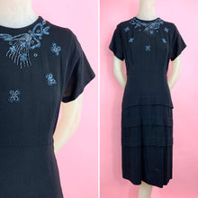 Load image into Gallery viewer, 1940s Black Rayon Crepe Dress With Beaded Neckline
