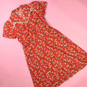 1930s Red Cotton Print Dress W/ Lace & Gem Buttons