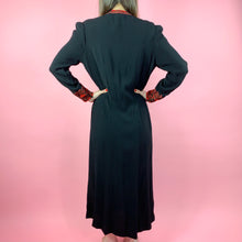 Load image into Gallery viewer, 1930s Satin Back Crepe Dress w/ red/gold  metallic flowers
