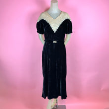 Load image into Gallery viewer, 1930s Silk Velvet Dress w/ Lace Yoke, Puff Sleeves &amp; Glass Buckle
