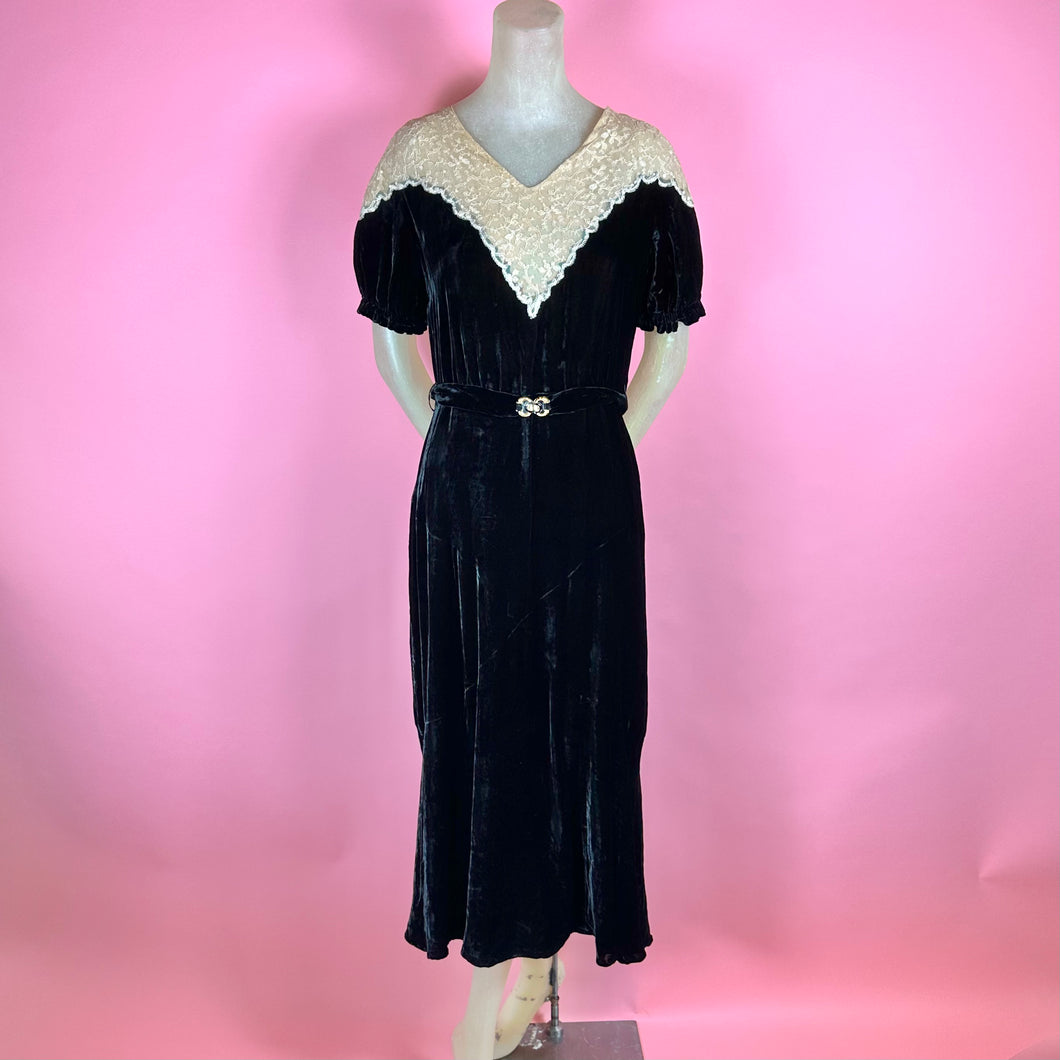 1930s Silk Velvet Dress w/ Lace Yoke, Puff Sleeves & Glass Buckle