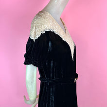 Load image into Gallery viewer, 1930s Silk Velvet Dress w/ Lace Yoke, Puff Sleeves &amp; Glass Buckle
