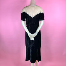 Load image into Gallery viewer, 1930s Silk Velvet Dress w/ Lace Yoke, Puff Sleeves &amp; Glass Buckle
