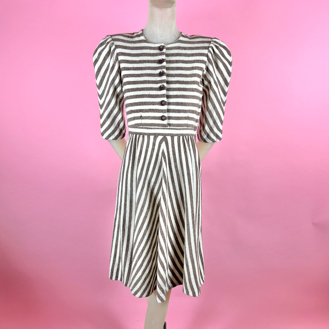 1946 Striped Wool Jonathan Logan Dress w/ Huge Padded Shoulders