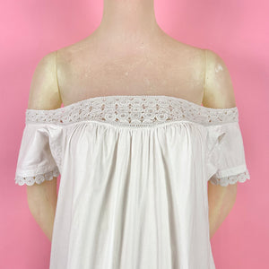 Victorian 1860s Off Shoulder Chemise Dress w/ Crochet Lace