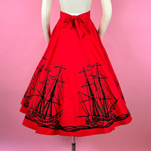 Load image into Gallery viewer, 1950s Bright Red Circle Skirt w/ Flocked Ships/ Waves
