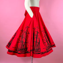 Load image into Gallery viewer, 1950s Bright Red Circle Skirt w/ Flocked Ships/ Waves
