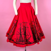 Load image into Gallery viewer, 1950s Bright Red Circle Skirt w/ Flocked Ships/ Waves
