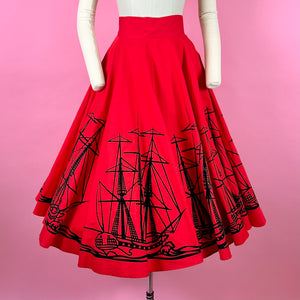 1950s Bright Red Circle Skirt w/ Flocked Ships/ Waves