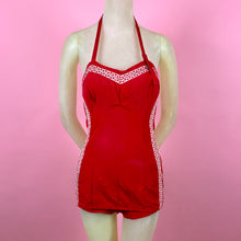 Load image into Gallery viewer, 1950s Lipstick Red Faille Swimsuit w/ Heart Trim
