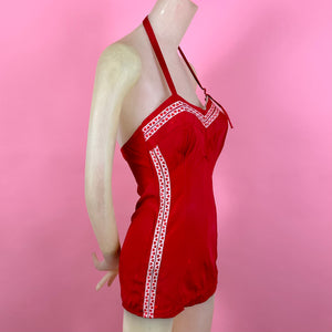 1950s Lipstick Red Faille Swimsuit w/ Heart Trim