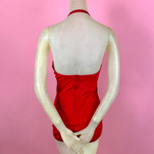 Load image into Gallery viewer, 1950s Lipstick Red Faille Swimsuit w/ Heart Trim
